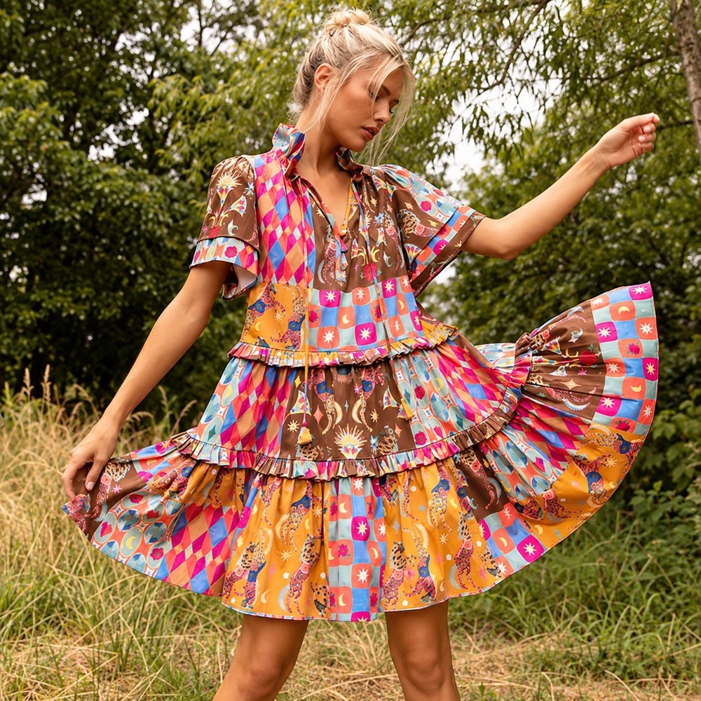 Alden Adair Hallie Dress Womens Size S Multicolor Patchwork Tiered Mini Exc